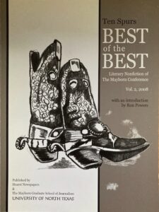 Essays in Volume 2 of Ten Spurs, a literary magazine of the Mayborn Conference, also features drawings, including an ornate pair of cowboy boots with spurs on the cover.